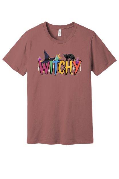 WITCHY graphic tee with black cat, witch hat and potion bottles on BELLA+CANVAS 3001 unisex shirt in Mauve