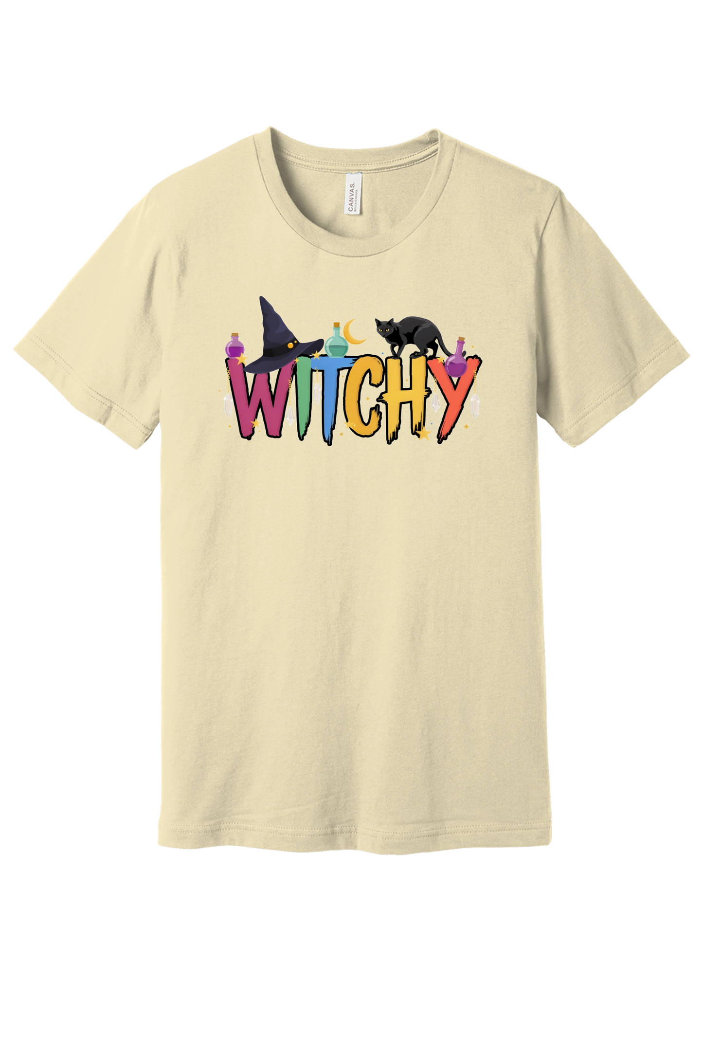 WITCHY graphic tee with black cat, witch hat and potion bottles on BELLA+CANVAS 3001 unisex shirt in Natural