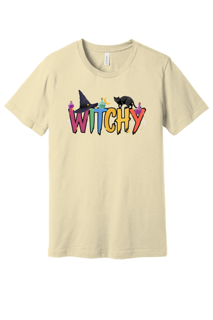 WITCHY graphic tee with black cat, witch hat and potion bottles on BELLA+CANVAS 3001 unisex shirt in Natural