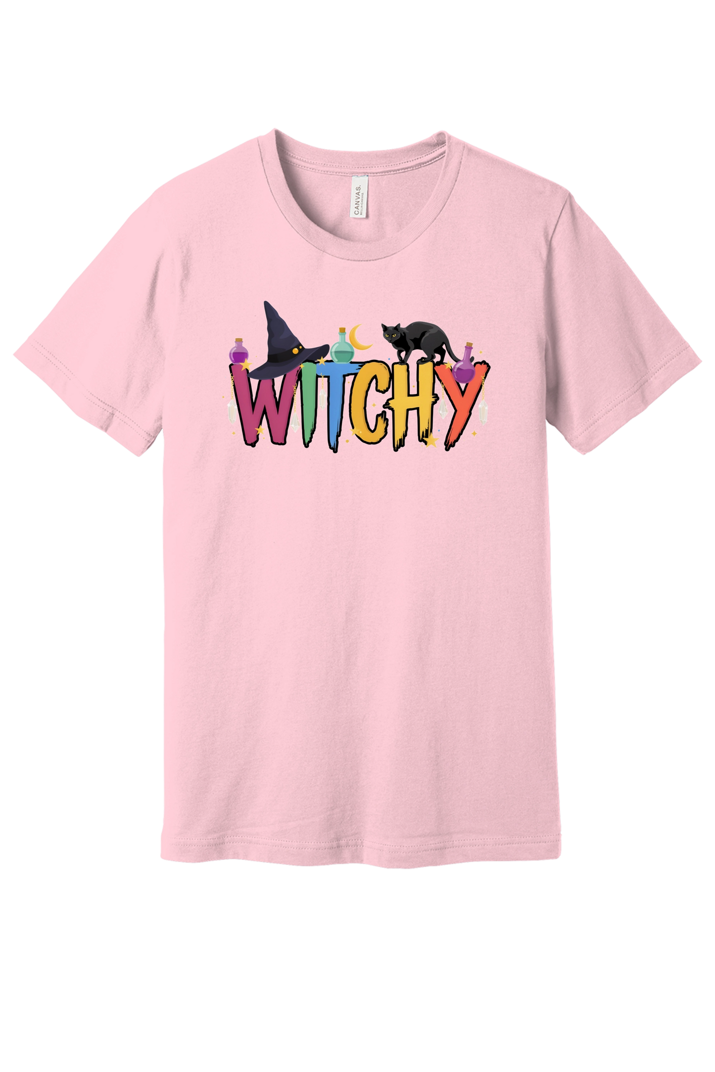 WITCHY graphic tee with black cat, witch hat and potion bottles on BELLA+CANVAS 3001 unisex shirt in Pink