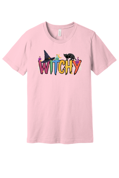 WITCHY graphic tee with black cat, witch hat and potion bottles on BELLA+CANVAS 3001 unisex shirt in Pink