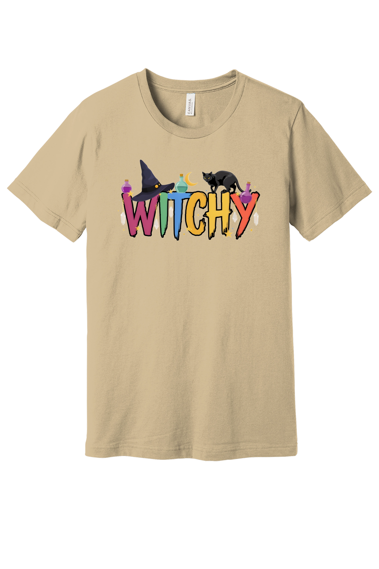 WITCHY graphic tee with black cat, witch hat and potion bottles on BELLA+CANVAS 3001 unisex shirt in Soft Cream