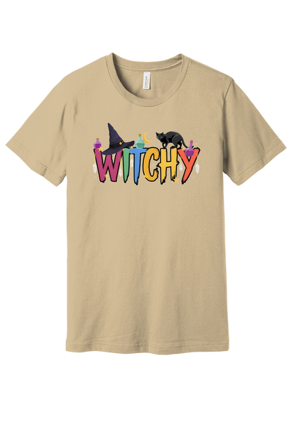 WITCHY graphic tee with black cat, witch hat and potion bottles on BELLA+CANVAS 3001 unisex shirt in Soft Cream