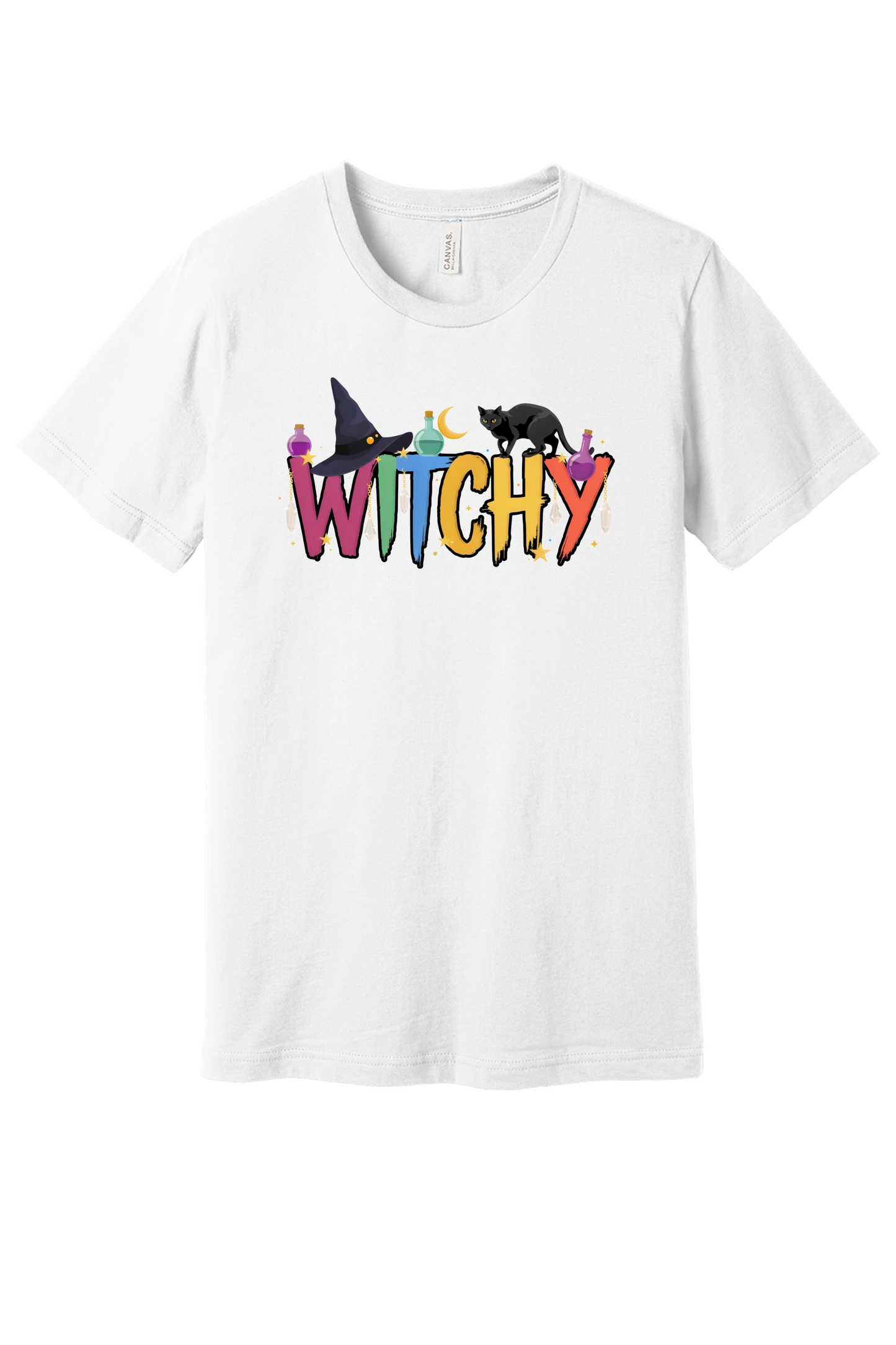 WITCHY graphic tee with black cat, witch hat and potion bottles on BELLA+CANVAS 3001 unisex shirt in White