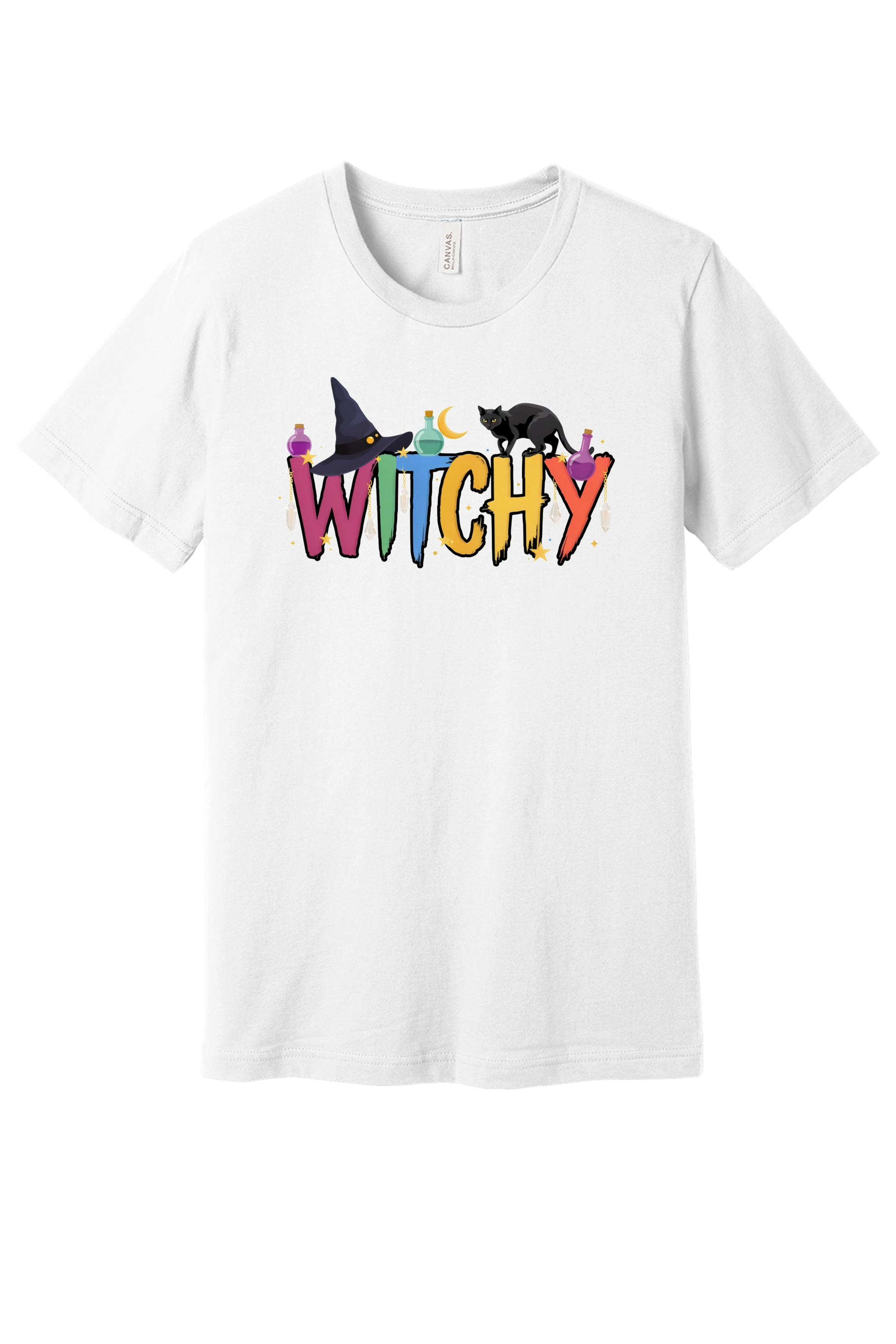 WITCHY graphic tee with black cat, witch hat and potion bottles on BELLA+CANVAS 3001 unisex shirt in White