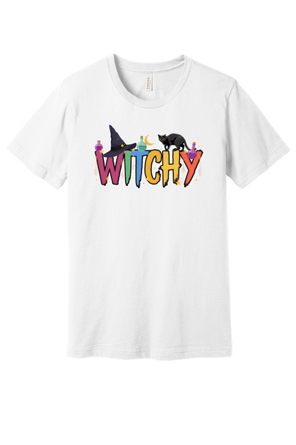 WITCHY graphic tee with black cat, witch hat and potion bottles on BELLA+CANVAS 3001 unisex shirt in White