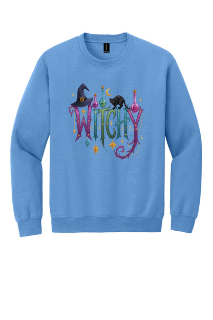 Witchy Halloween crewneck sweatshirt with witch hat, black cat, potion bottles and gold star charm print in Carolina Blue
