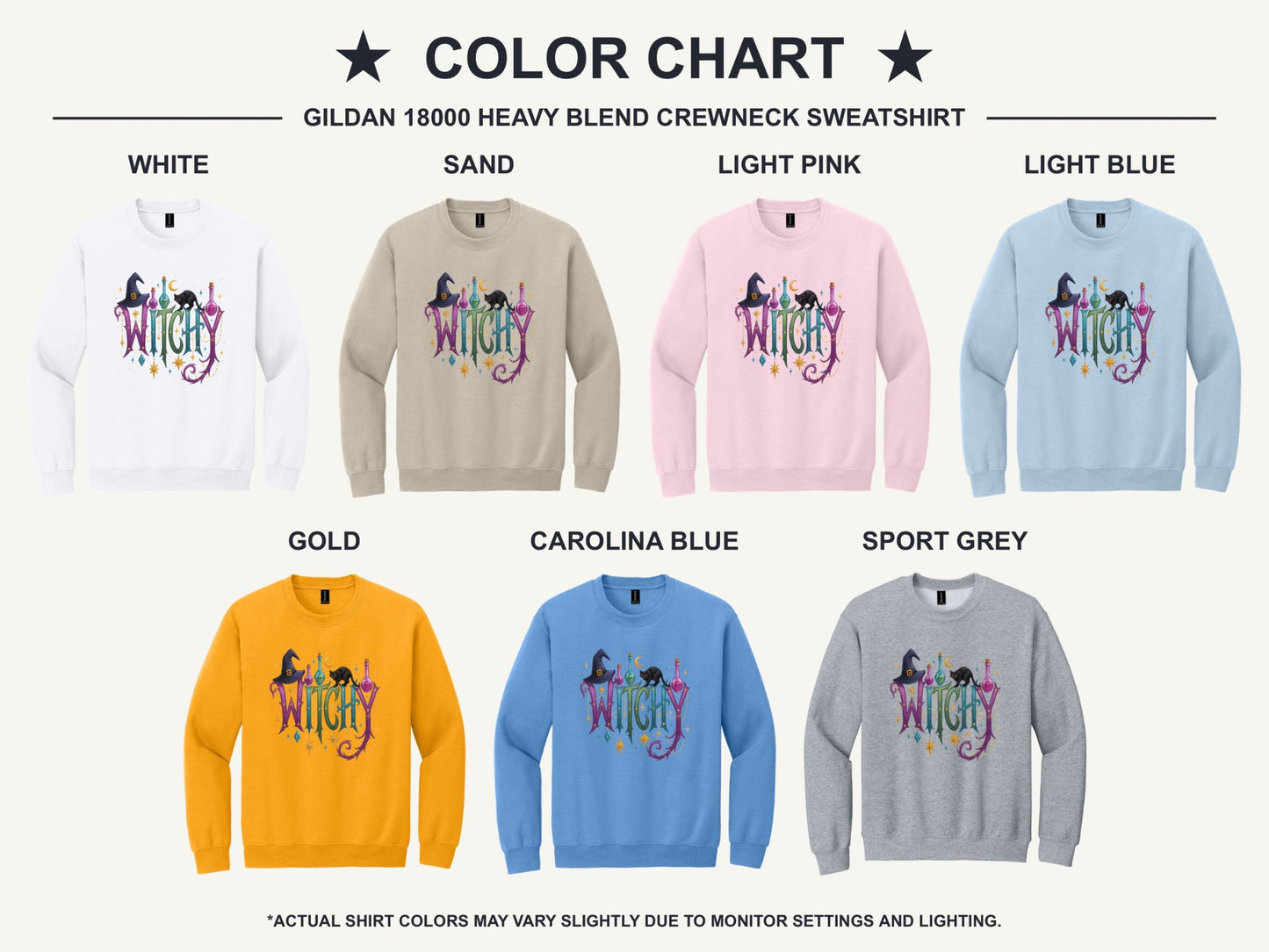 Witchy Halloween crewneck sweatshirt with witch hat, black cat, potion bottles and gold star charm print - available shirt colors chart