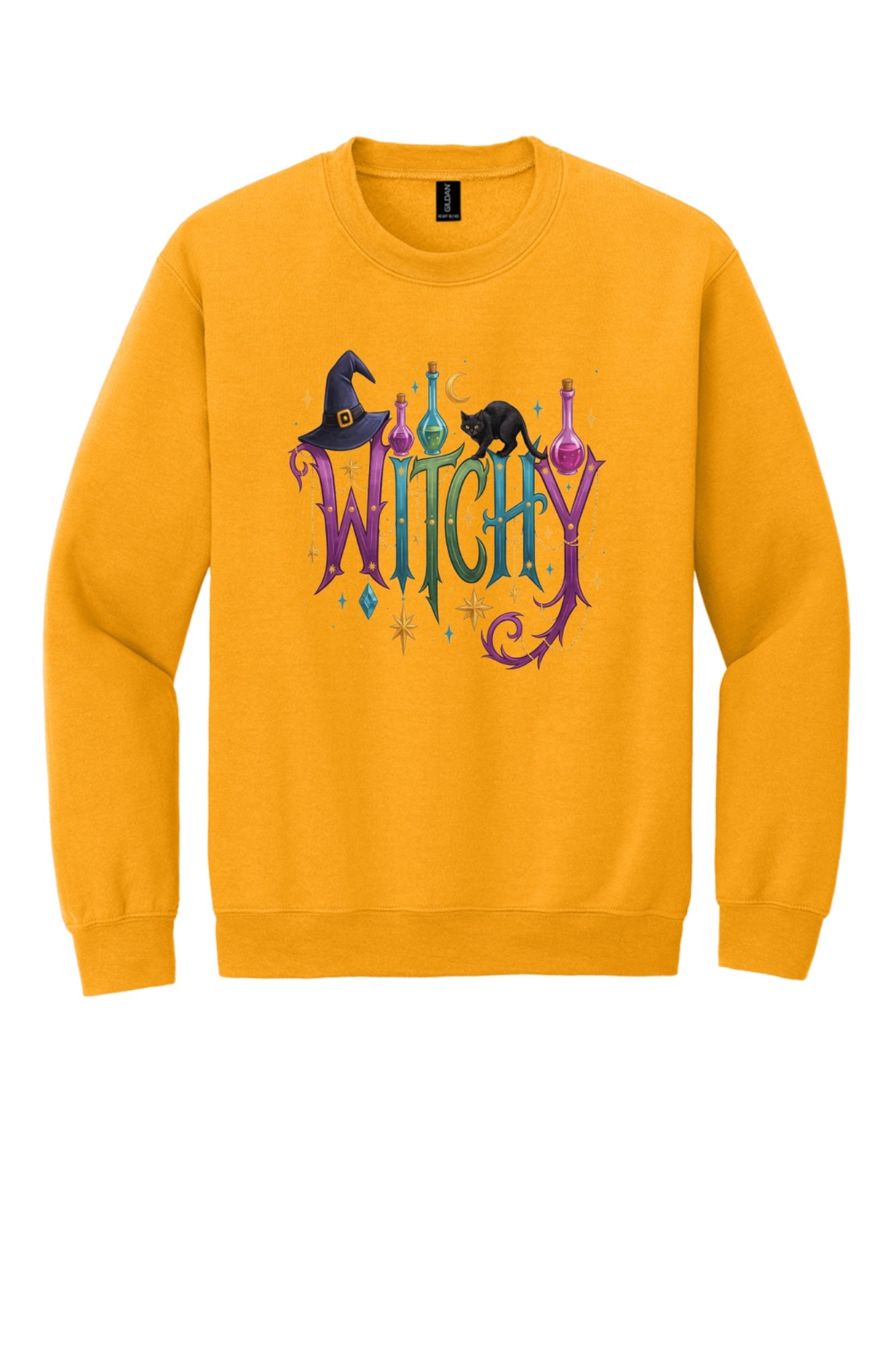 Witchy Halloween crewneck sweatshirt with witch hat, black cat, potion bottles and gold star charm print in Gold