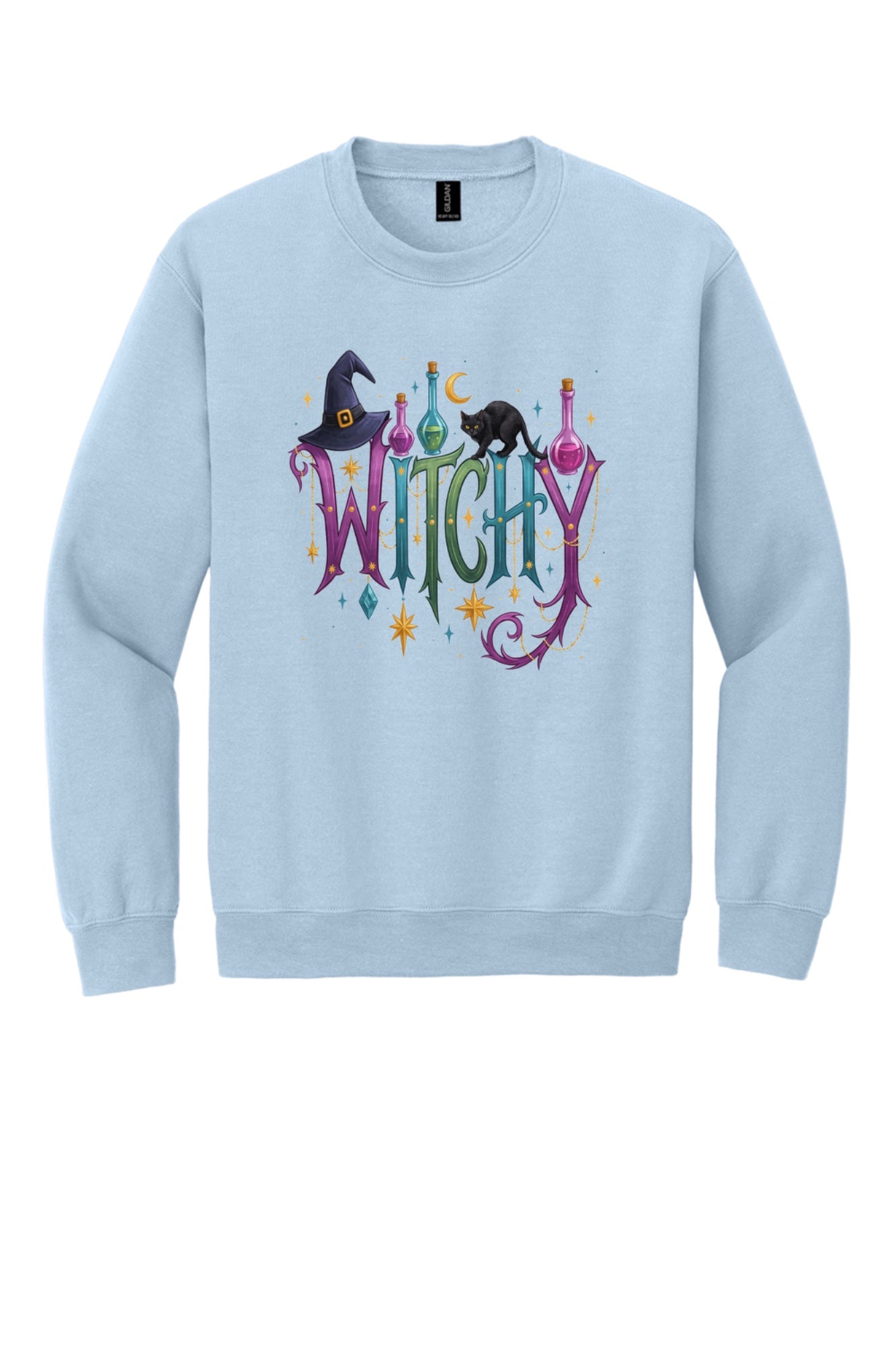 Witchy Halloween crewneck sweatshirt with witch hat, black cat, potion bottles and gold star charm print in Light Blue
