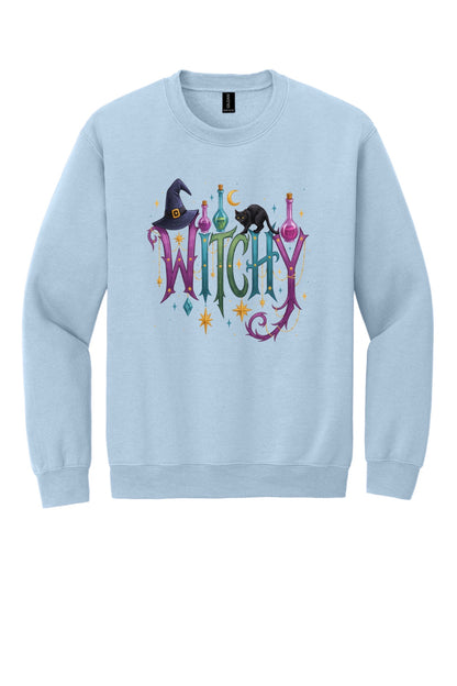 Witchy Halloween crewneck sweatshirt with witch hat, black cat, potion bottles and gold star charm print in Light Blue