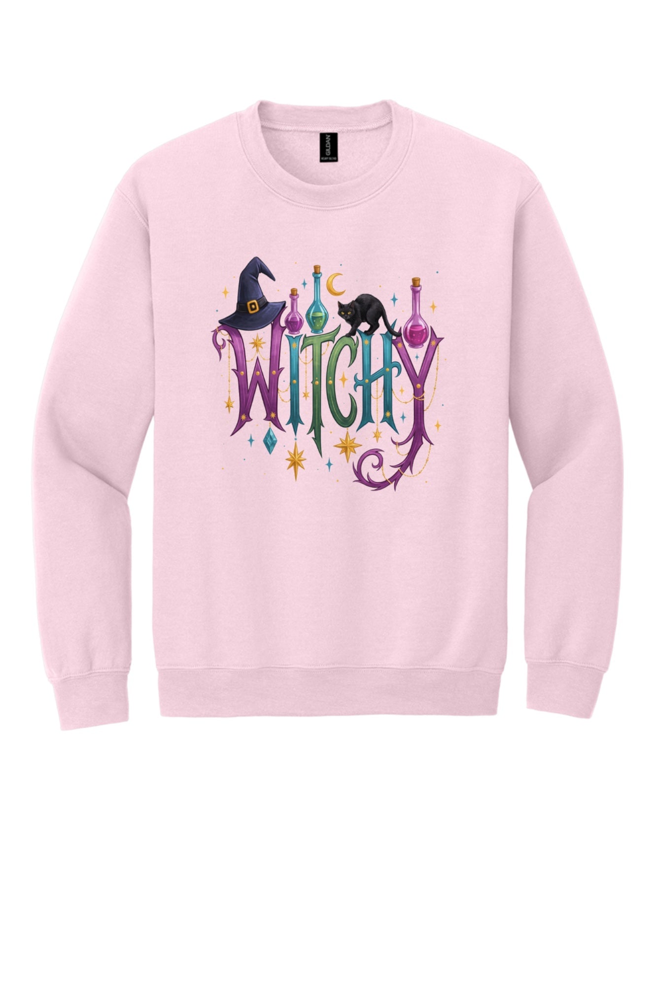 Witchy Halloween crewneck sweatshirt with witch hat, black cat, potion bottles and gold star charm print in Light Pink