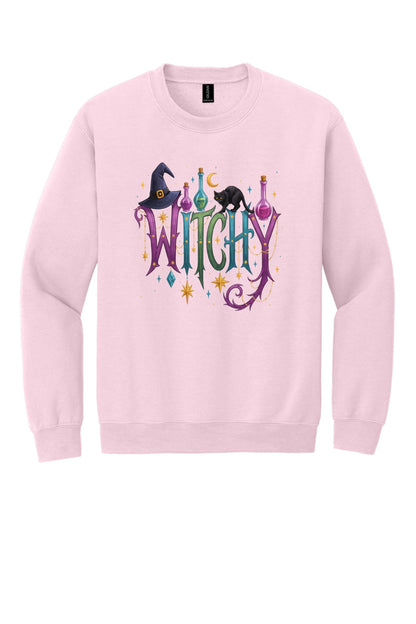 Witchy Halloween crewneck sweatshirt with witch hat, black cat, potion bottles and gold star charm print in Light Pink