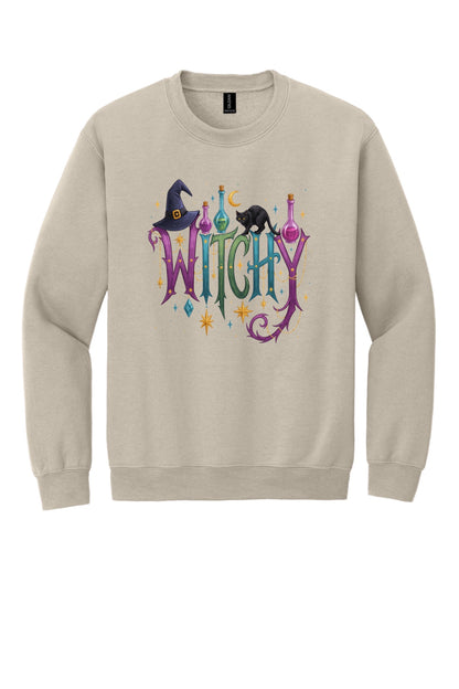 Witchy Halloween crewneck sweatshirt with witch hat, black cat, potion bottles and gold star charm print in Sand