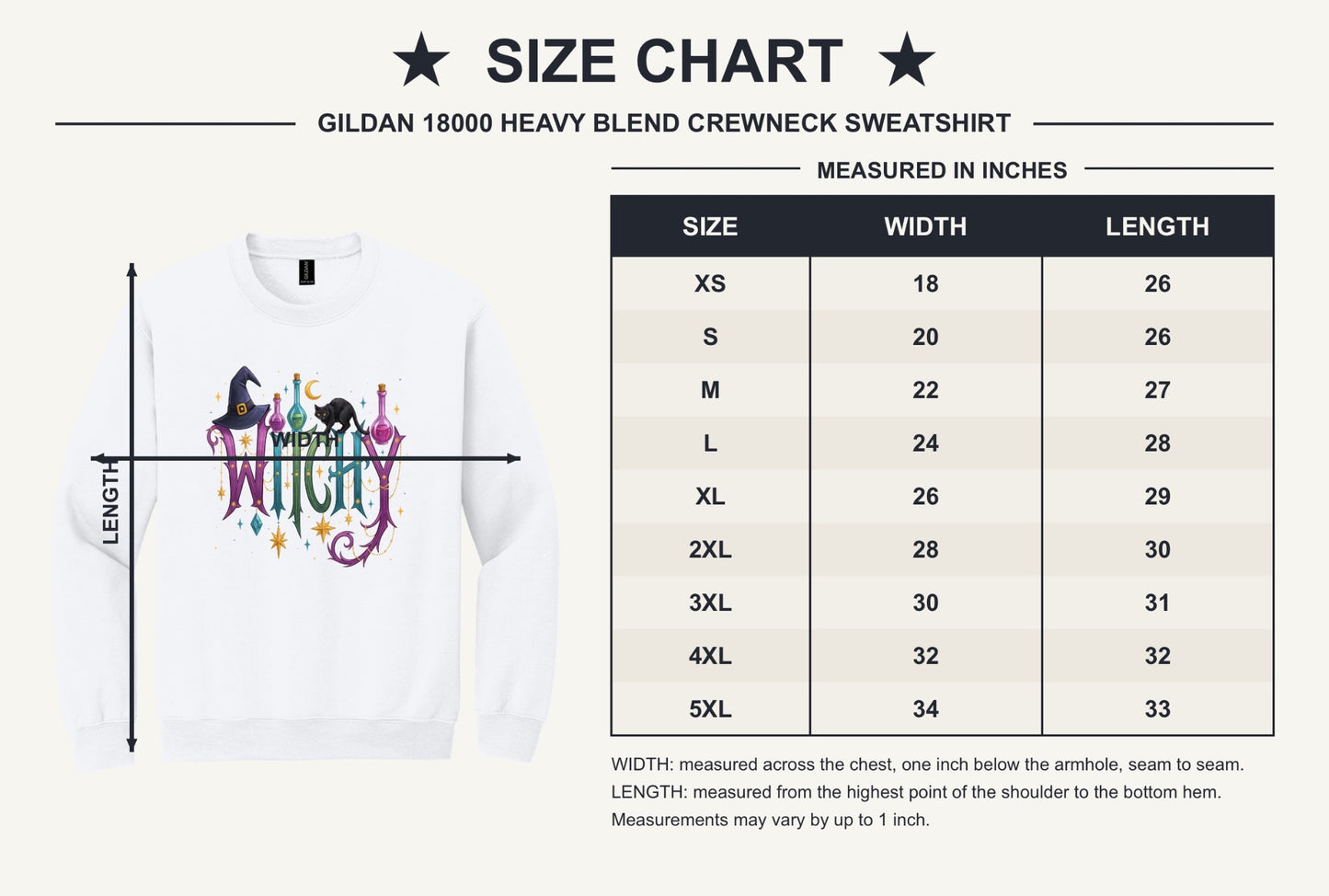 Witchy Halloween crewneck sweatshirt with witch hat, black cat, potion bottles and gold star charm print - size chart