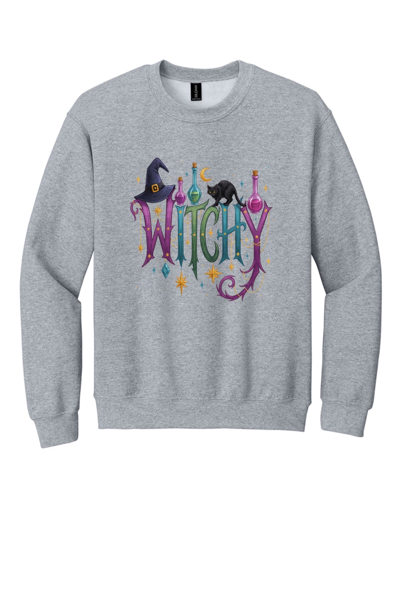 Witchy Halloween crewneck sweatshirt with witch hat, black cat, potion bottles and gold star charm print in Sport Grey