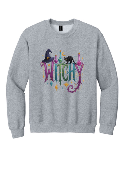 Witchy Halloween crewneck sweatshirt with witch hat, black cat, potion bottles and gold star charm print in Sport Grey
