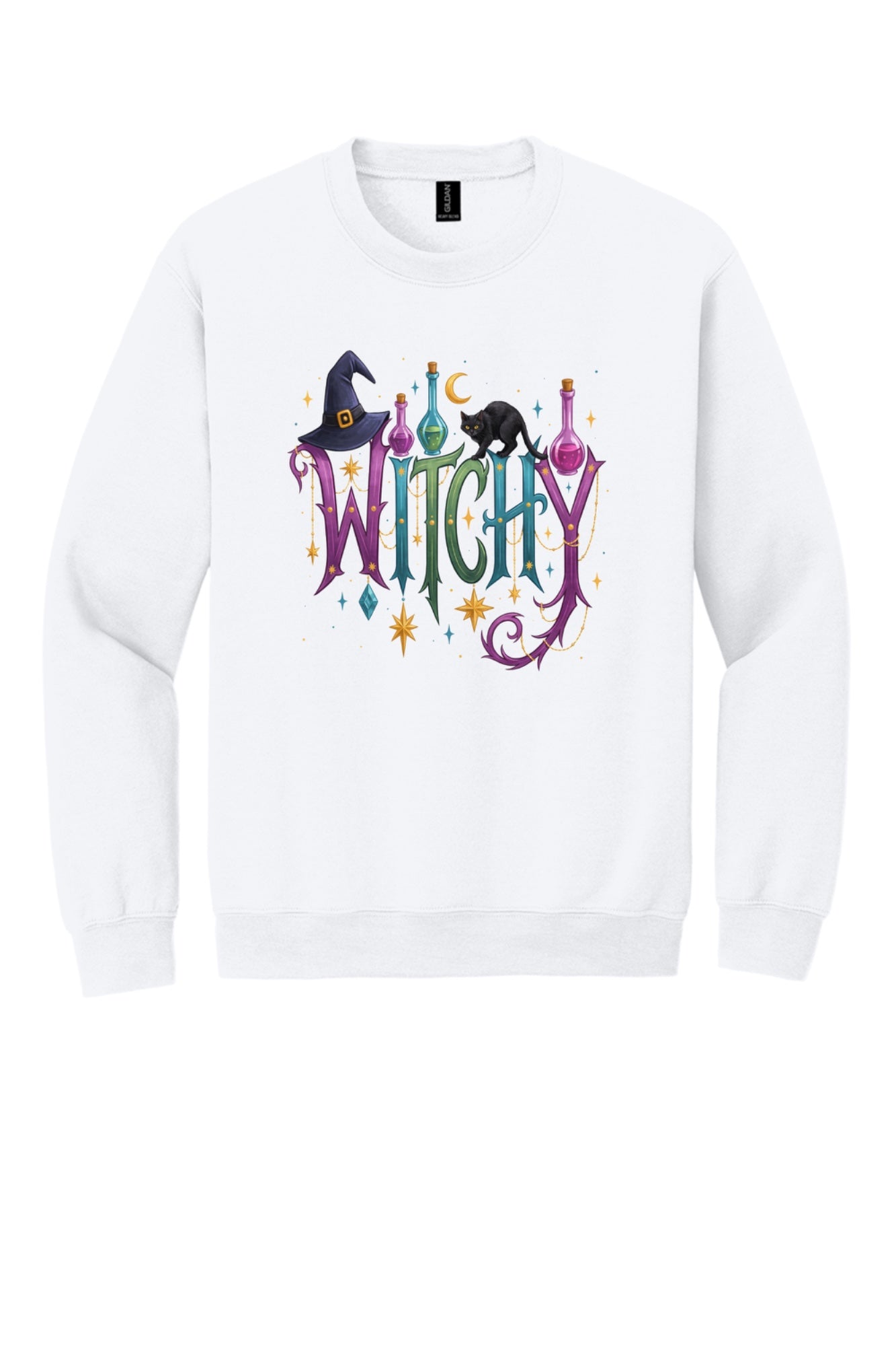 Witchy Halloween crewneck sweatshirt with witch hat, black cat, potion bottles and gold star charm print in White