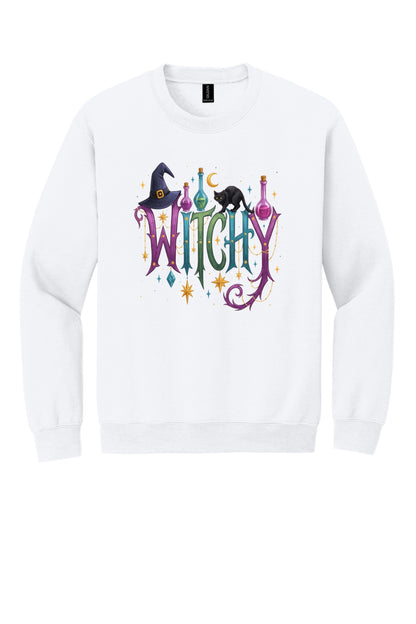 Witchy Halloween crewneck sweatshirt with witch hat, black cat, potion bottles and gold star charm print in White