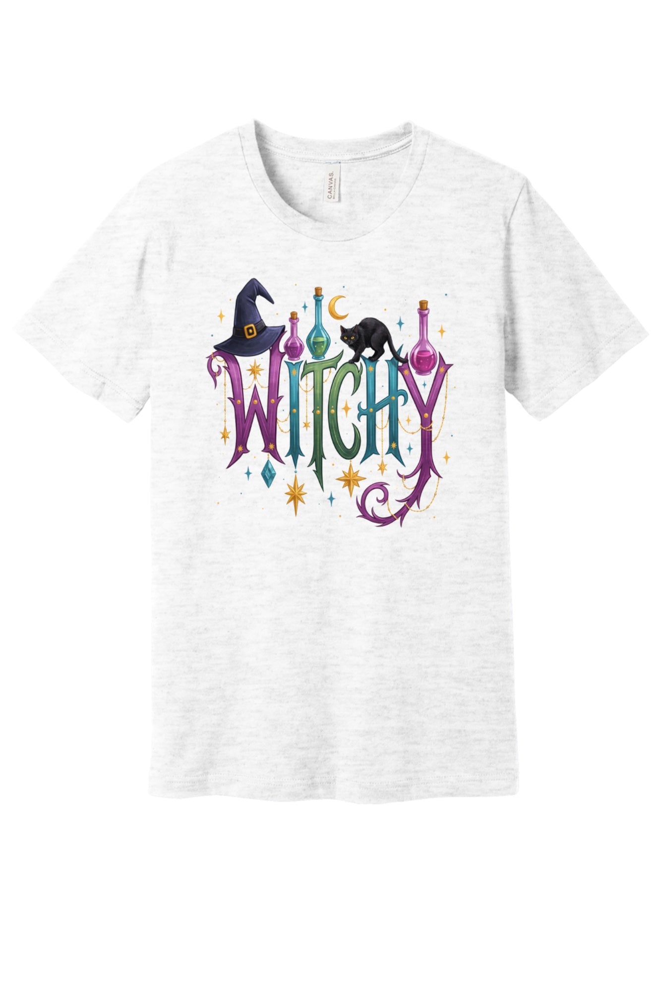 WITCHY Halloween graphic tee with black cat witch hat and potion bottles printed on unisex jersey shirt in Ash