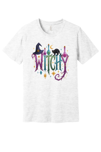 WITCHY Halloween graphic tee with black cat witch hat and potion bottles printed on unisex jersey shirt in Ash