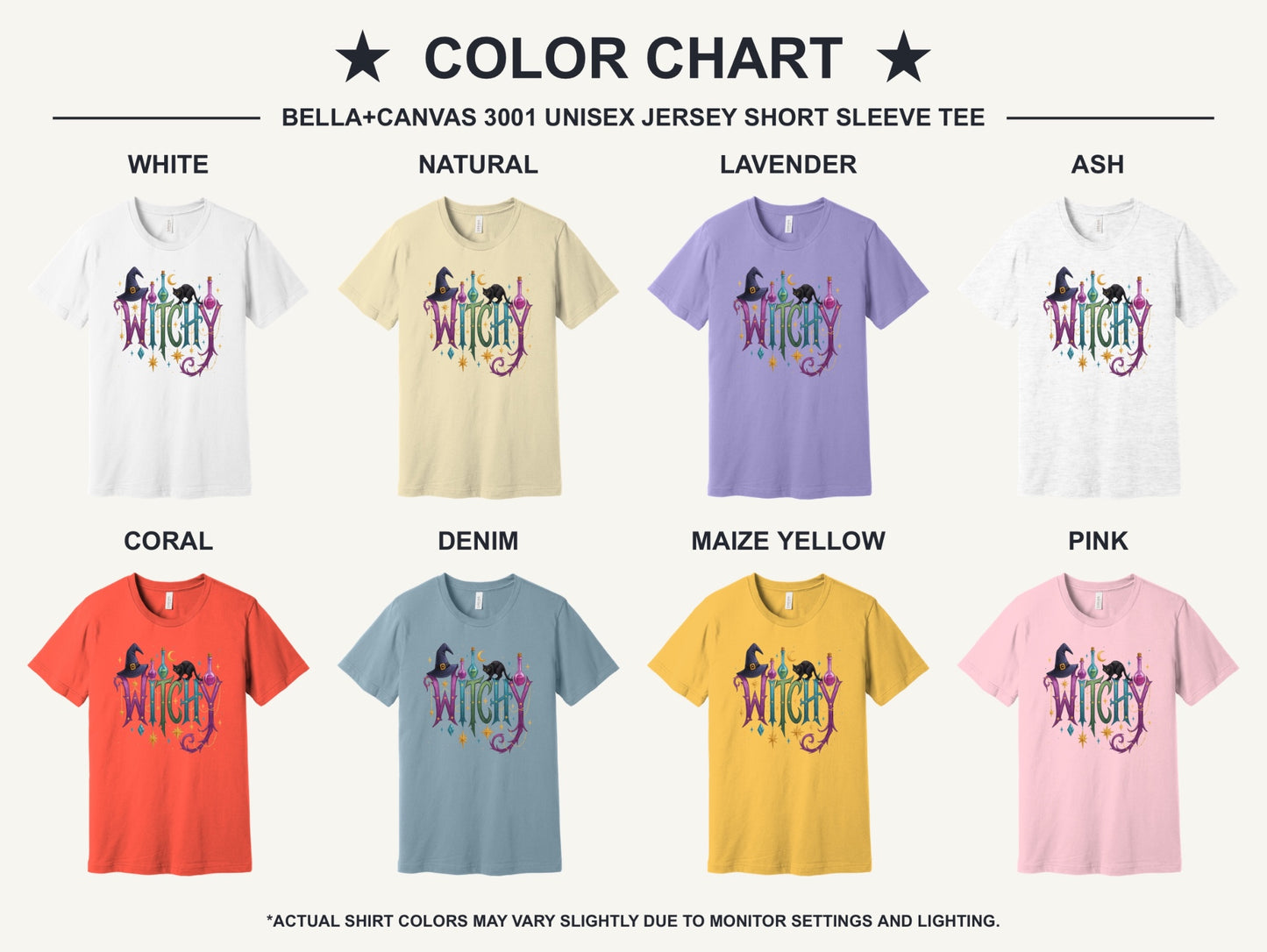WITCHY Halloween graphic tee with black cat witch hat and potion bottles printed on unisex jersey shirt - available shirt colors chart