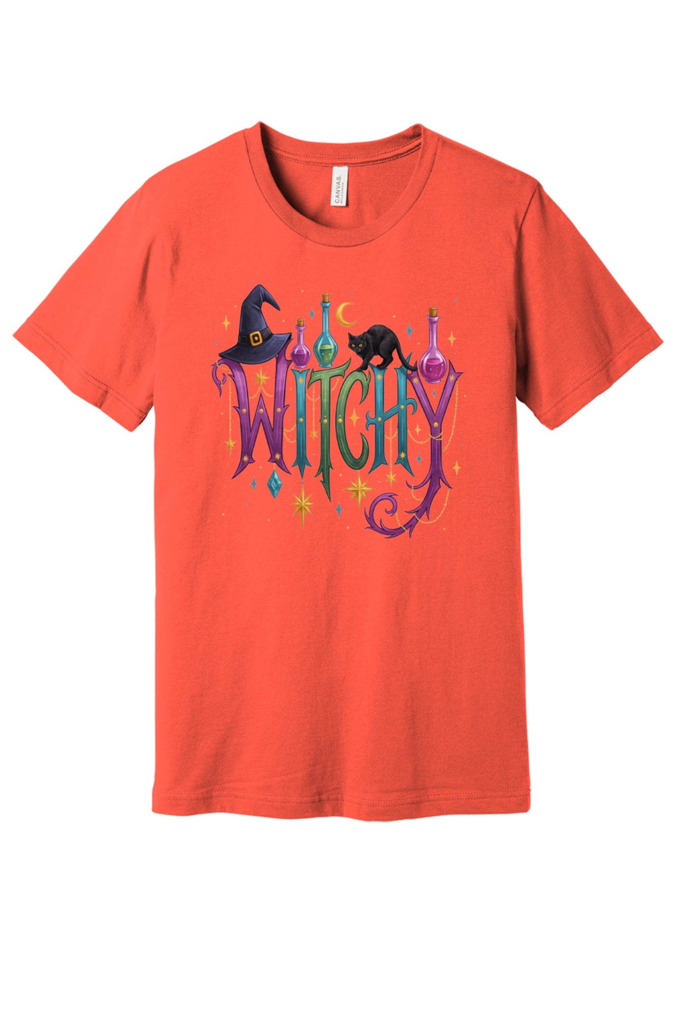 WITCHY Halloween graphic tee with black cat witch hat and potion bottles printed on unisex jersey shirt in Coral