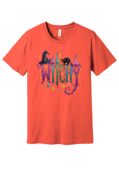 WITCHY Halloween graphic tee with black cat witch hat and potion bottles printed on unisex jersey shirt in Coral