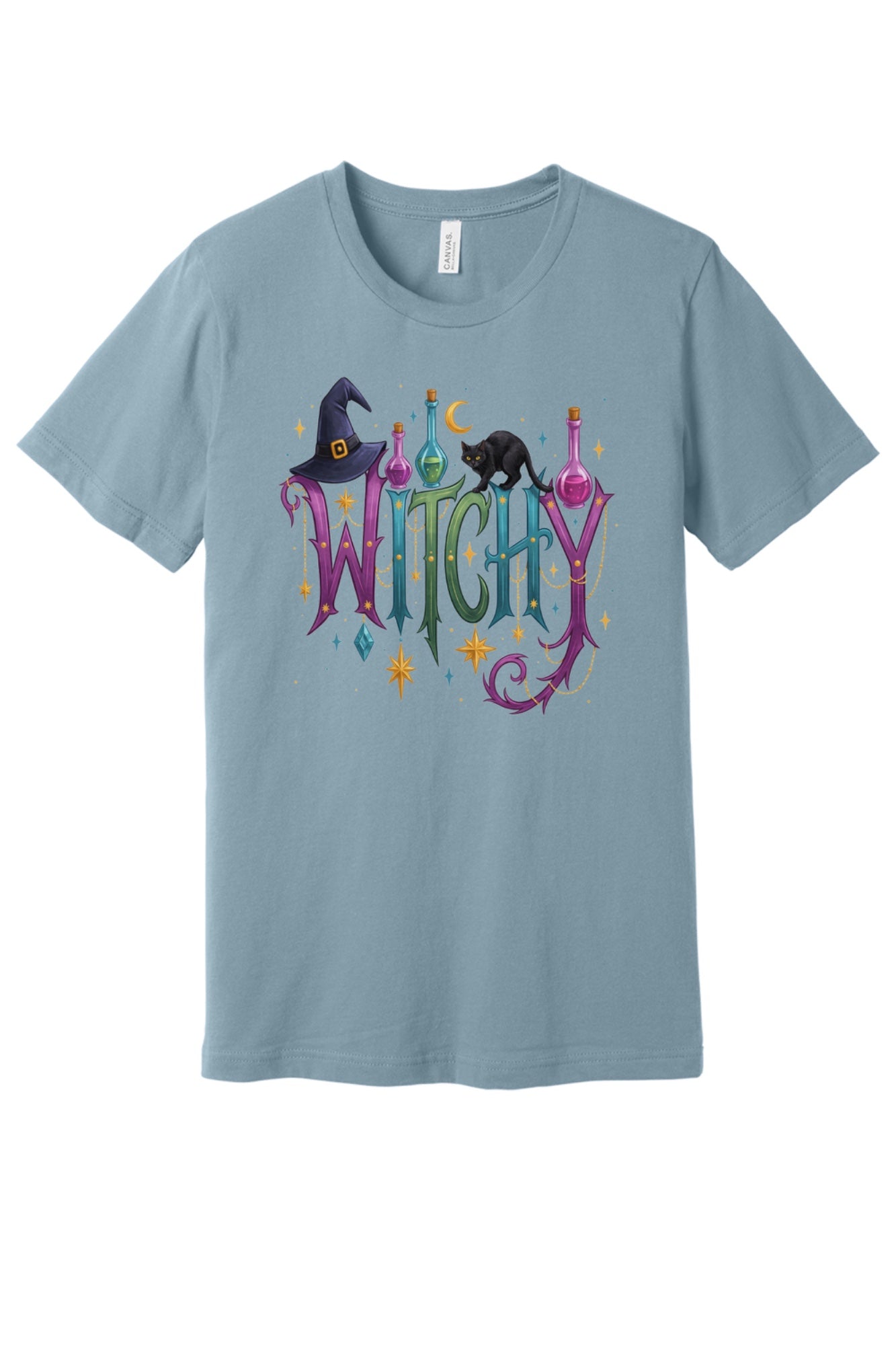 WITCHY Halloween graphic tee with black cat witch hat and potion bottles printed on unisex jersey shirt in Denim
