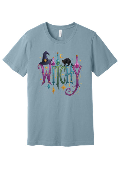 WITCHY Halloween graphic tee with black cat witch hat and potion bottles printed on unisex jersey shirt in Denim