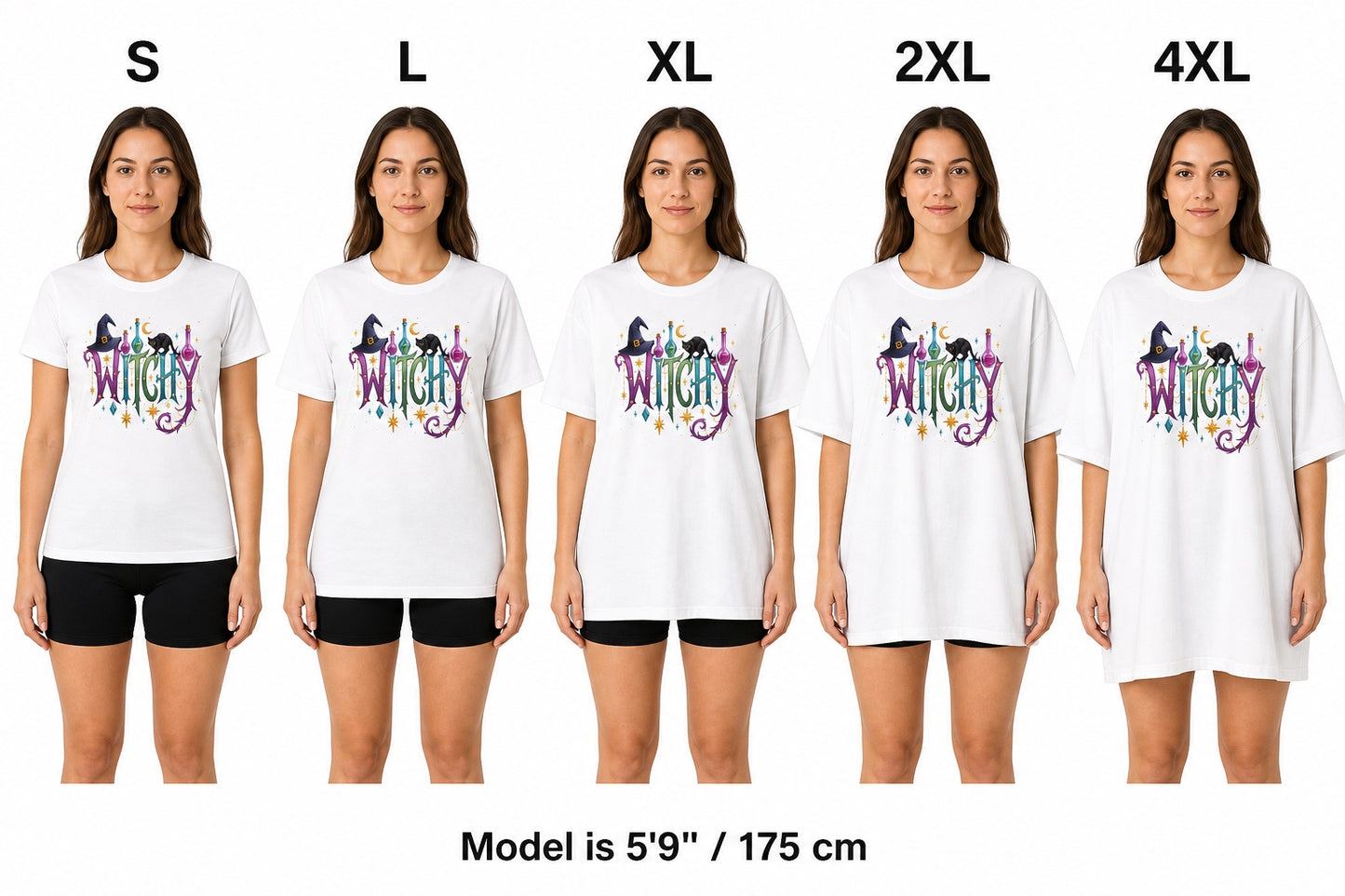 WITCHY Halloween graphic tee with black cat witch hat and potion bottles printed on unisex jersey shirt size fit comparison on model, S L XL 2XL 4XL