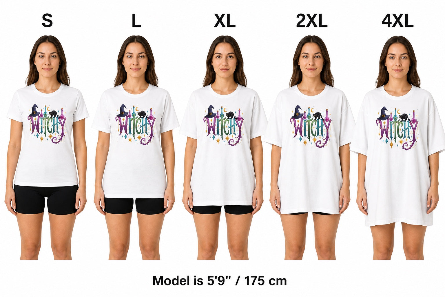 WITCHY Halloween graphic tee with black cat witch hat and potion bottles printed on unisex jersey shirt size fit comparison on model, S L XL 2XL 4XL