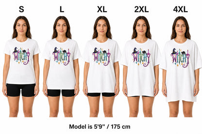 WITCHY Halloween graphic tee with black cat witch hat and potion bottles printed on unisex jersey shirt size fit comparison on model, S L XL 2XL 4XL