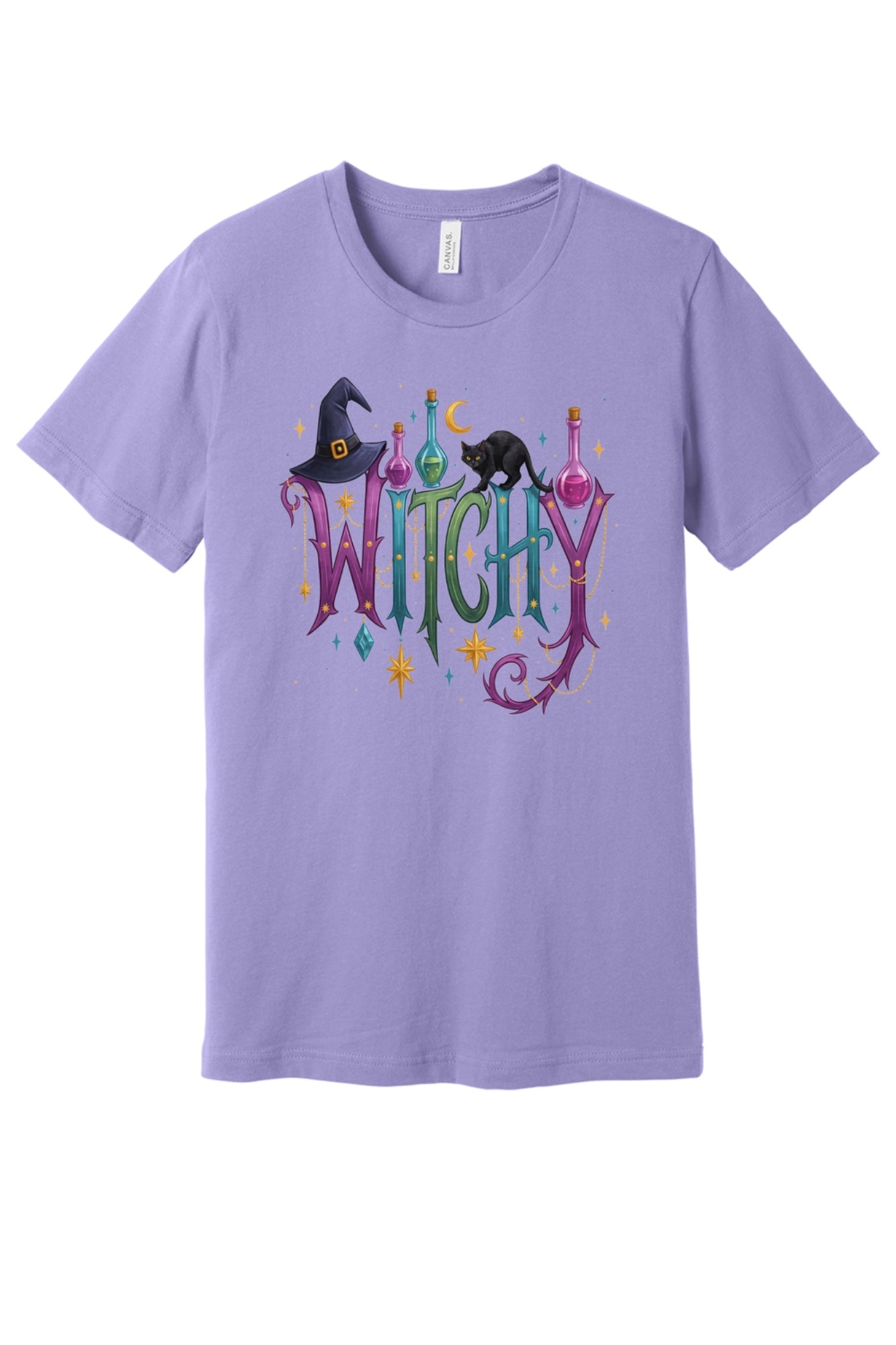WITCHY Halloween graphic tee with black cat witch hat and potion bottles printed on unisex jersey shirt in Lavender