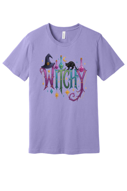 WITCHY Halloween graphic tee with black cat witch hat and potion bottles printed on unisex jersey shirt in Lavender