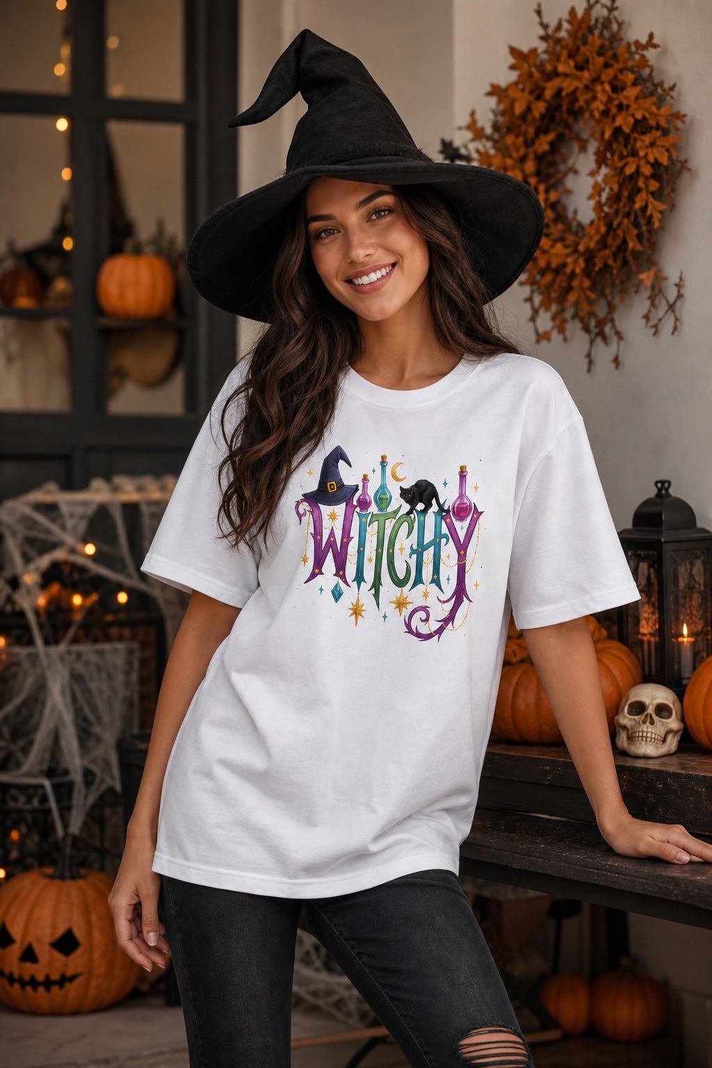 WITCHY Halloween graphic tee with black cat witch hat and potion bottles printed on unisex jersey shirt worn by a model