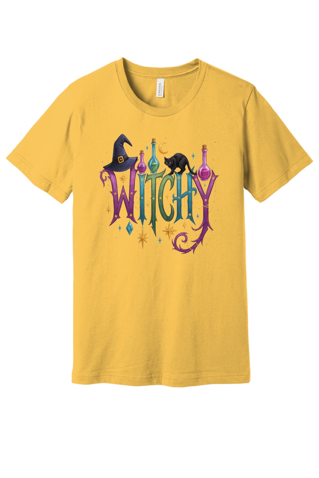 WITCHY Halloween graphic tee with black cat witch hat and potion bottles printed on unisex jersey shirt in Maize Yellow