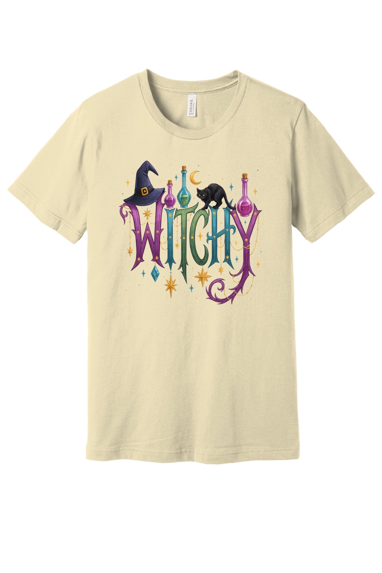 WITCHY Halloween graphic tee with black cat witch hat and potion bottles printed on unisex jersey shirt in Natural