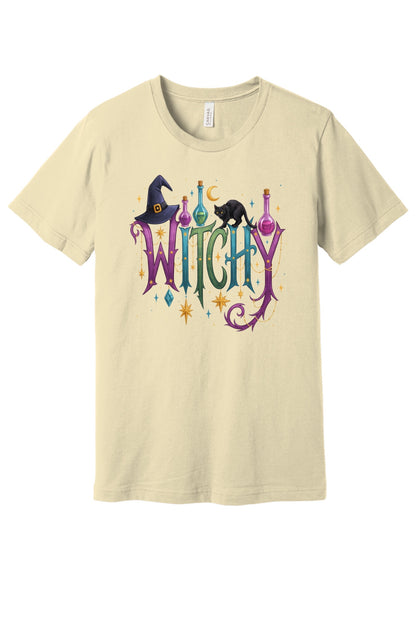 WITCHY Halloween graphic tee with black cat witch hat and potion bottles printed on unisex jersey shirt in Natural