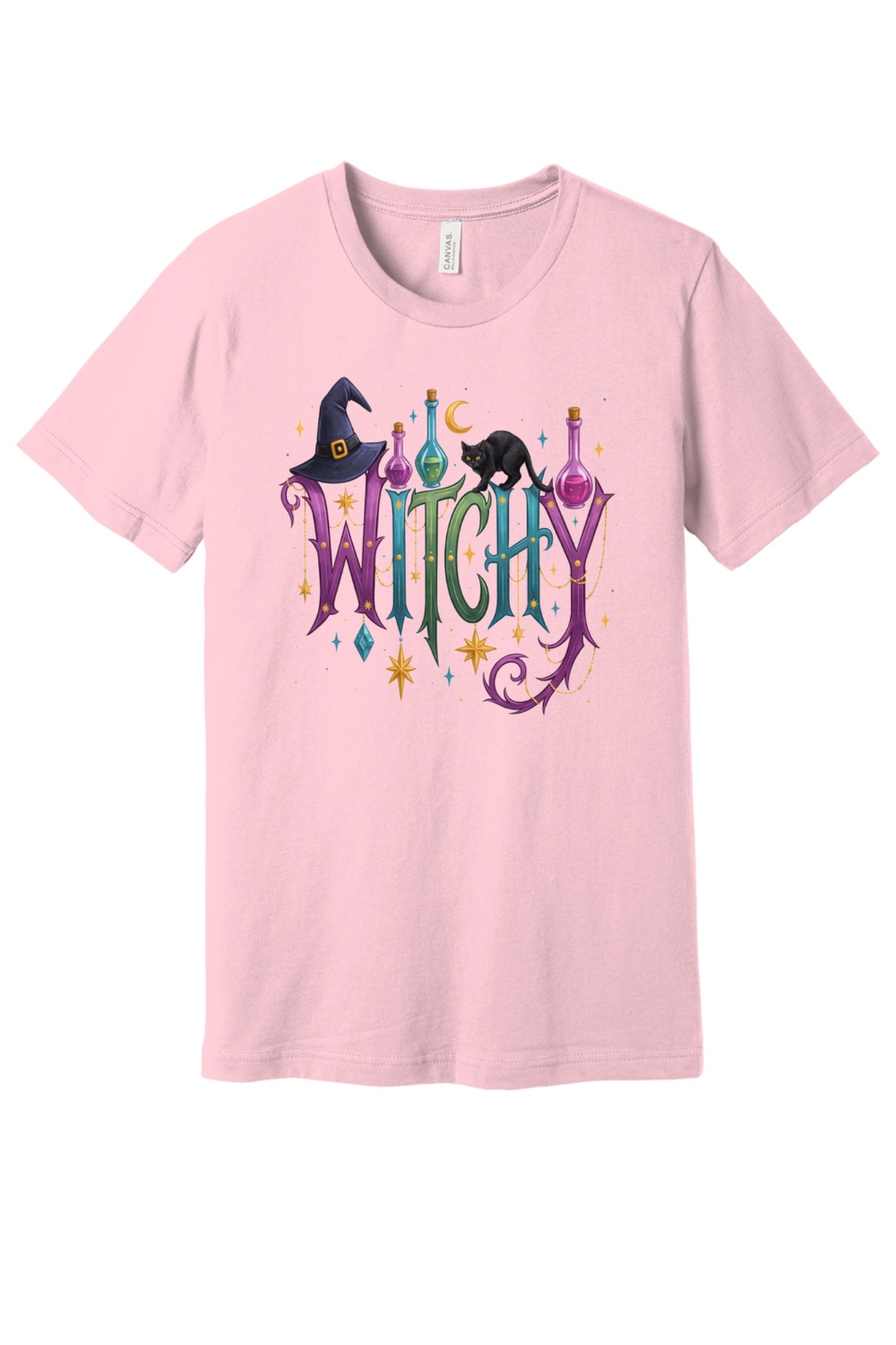 WITCHY Halloween graphic tee with black cat witch hat and potion bottles printed on unisex jersey shirt in Pink