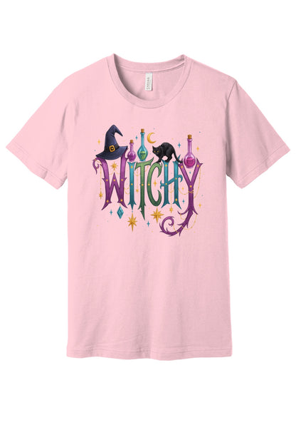 WITCHY Halloween graphic tee with black cat witch hat and potion bottles printed on unisex jersey shirt in Pink
