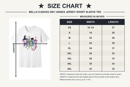 WITCHY Halloween graphic tee with black cat witch hat and potion bottles printed on unisex jersey shirt - size chart