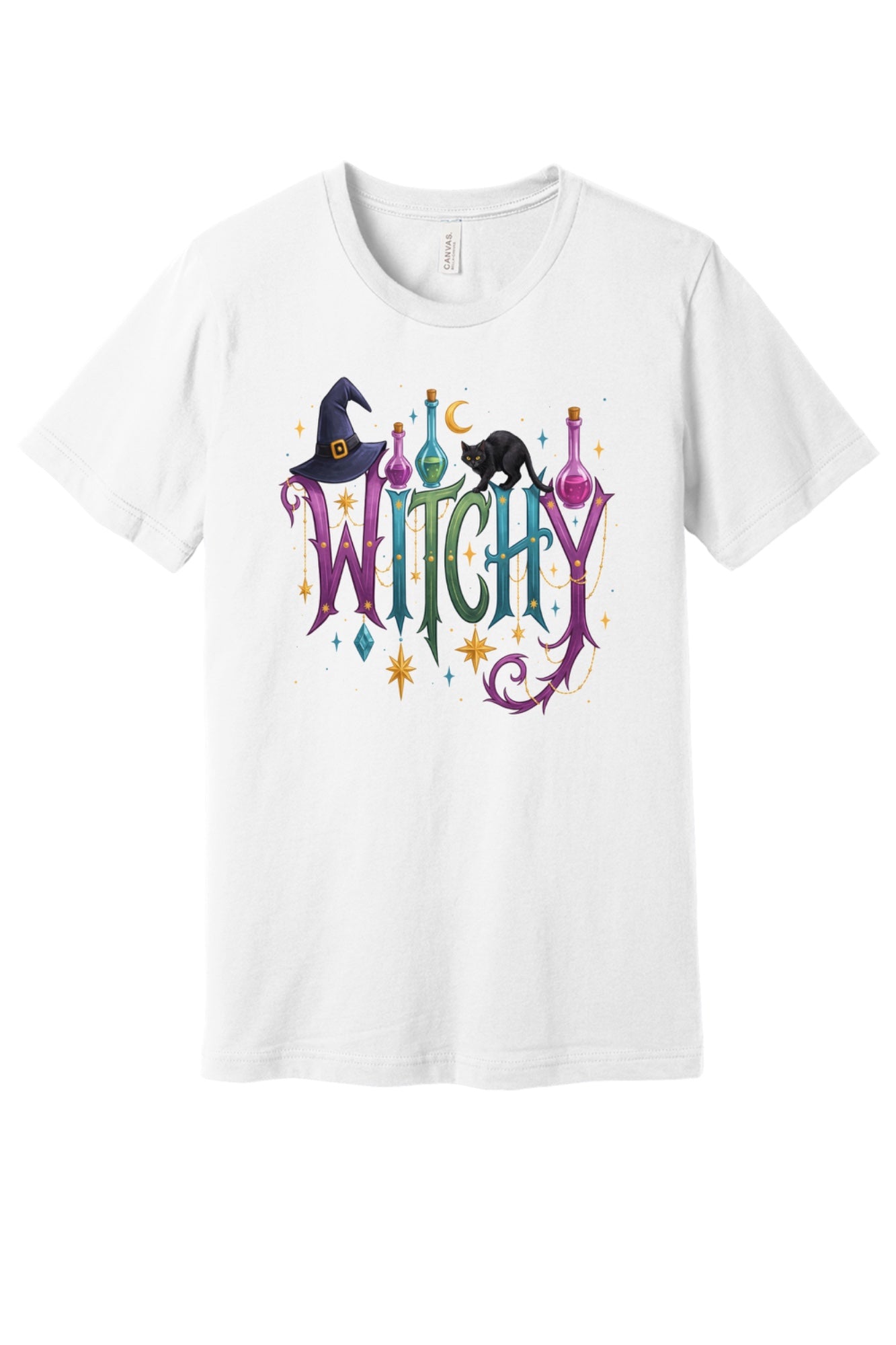 WITCHY Halloween graphic tee with black cat witch hat and potion bottles printed on unisex jersey shirt in White