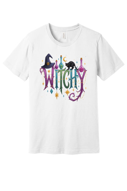 WITCHY Halloween graphic tee with black cat witch hat and potion bottles printed on unisex jersey shirt in White