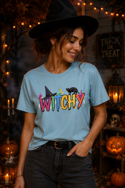 Witchy Halloween Unisex Tee – Black Cat, Witch Hat & Potion Bottle Graphic Shirt