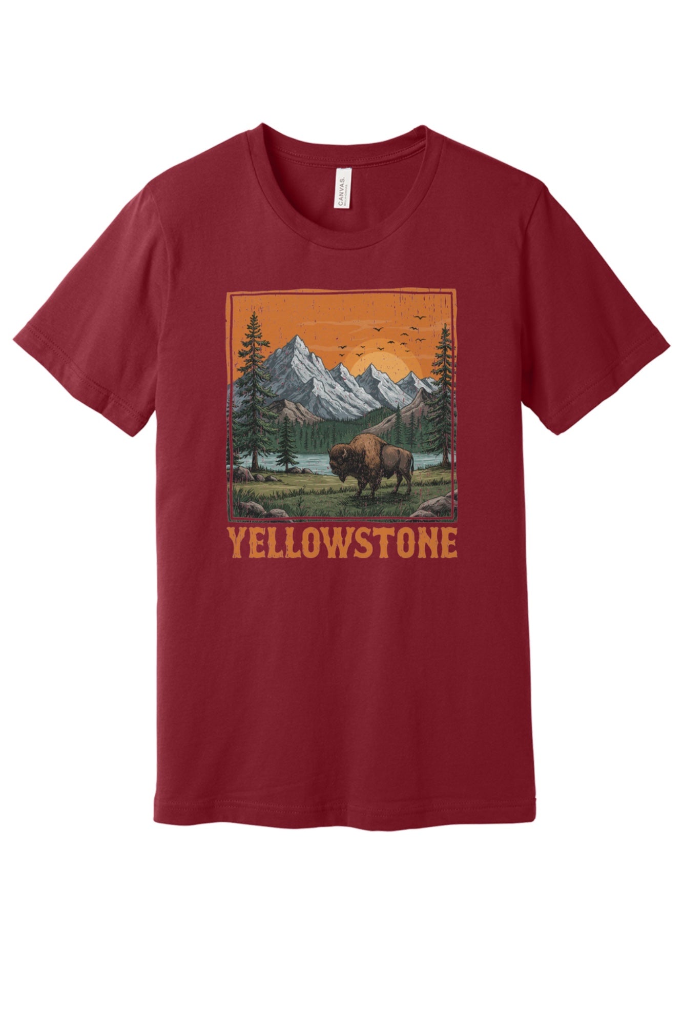 Yellowstone vintage bison mountain sunset printed unisex tee, national park shirt in Cardinal