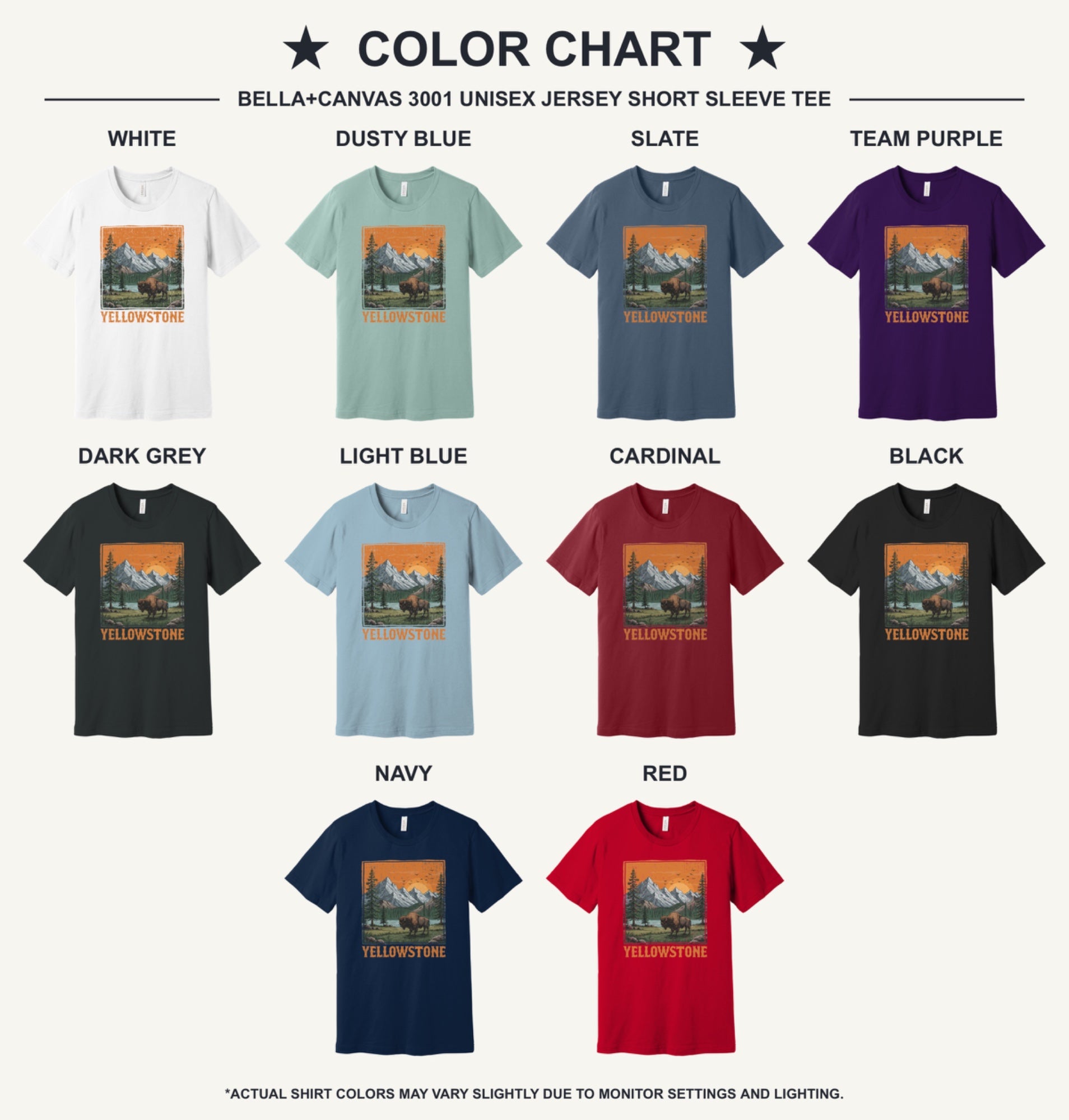 Yellowstone vintage bison mountain sunset printed unisex tee, national park shirt - available shirt colors chart