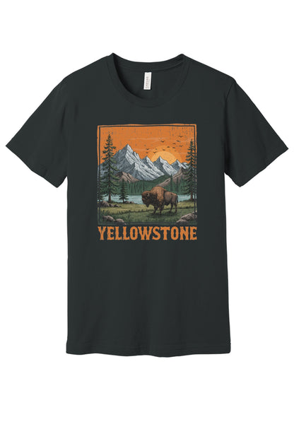 Yellowstone vintage bison mountain sunset printed unisex tee, national park shirt in Dark Grey