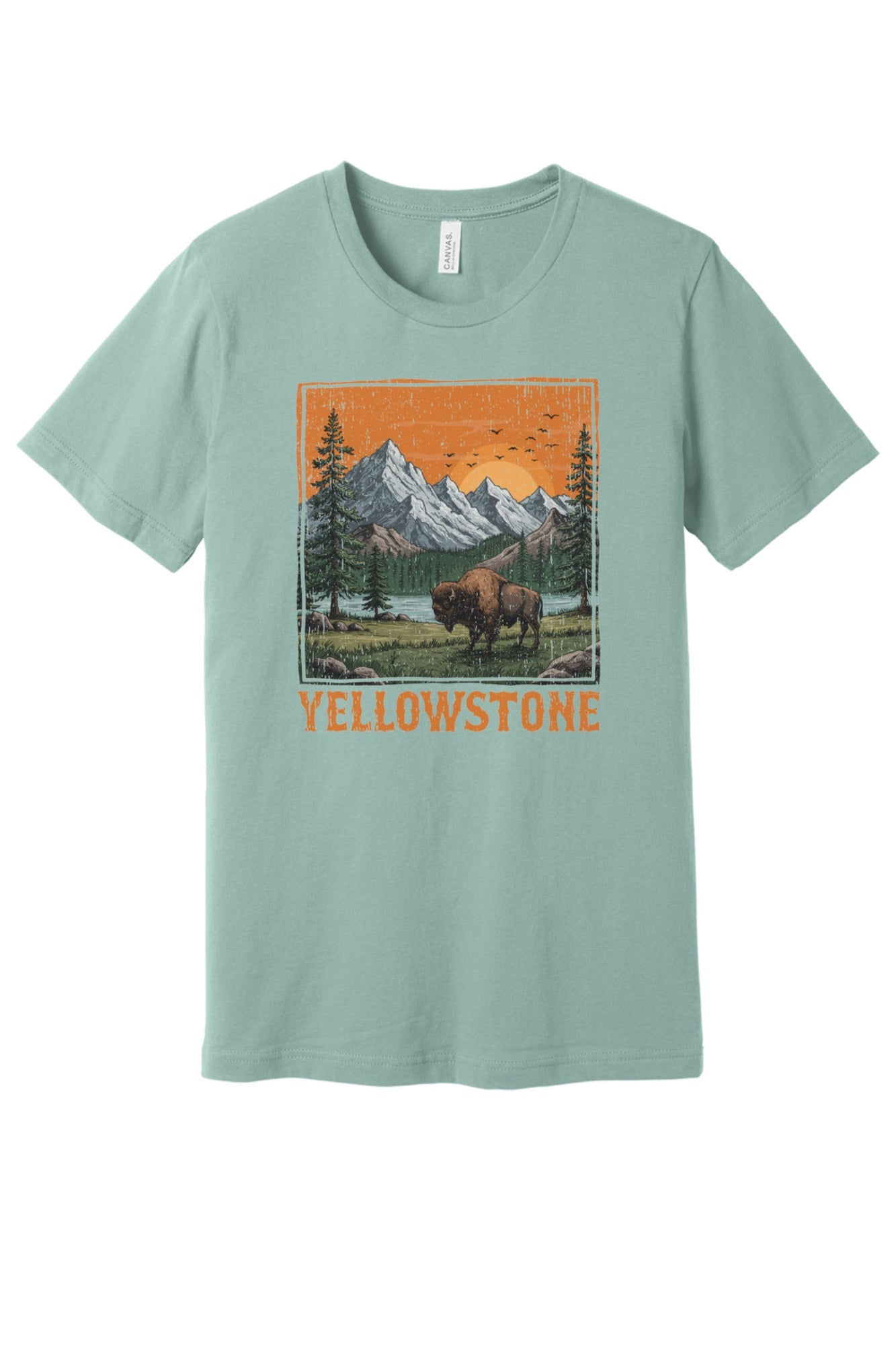 Yellowstone vintage bison mountain sunset printed unisex tee, national park shirt in Dusty Blue