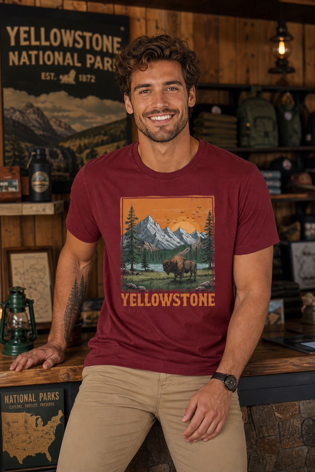 Yellowstone vintage bison mountain sunset printed unisex tee, national park shirt worn by a model